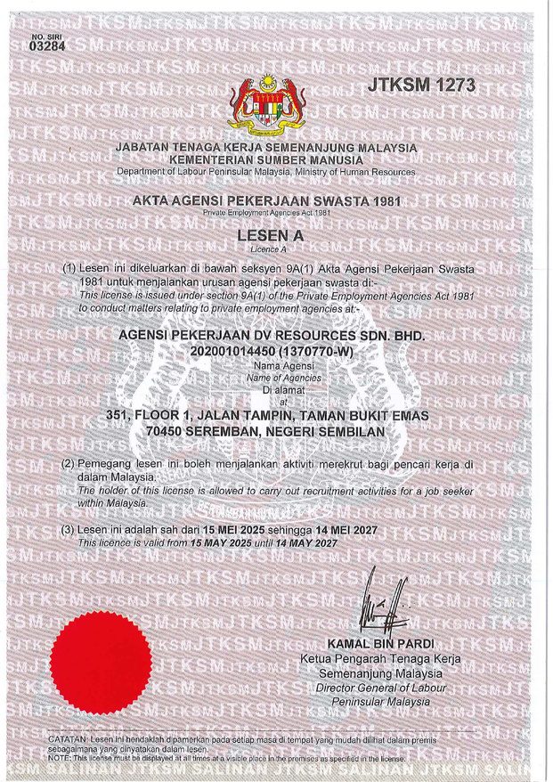 Licence A, JTKSM 1273, issued under the Private Employment Agencies Act 1981 by the Department of Labour Peninsular Malaysia. Valid 15 May 2025 to 14 May 2027.